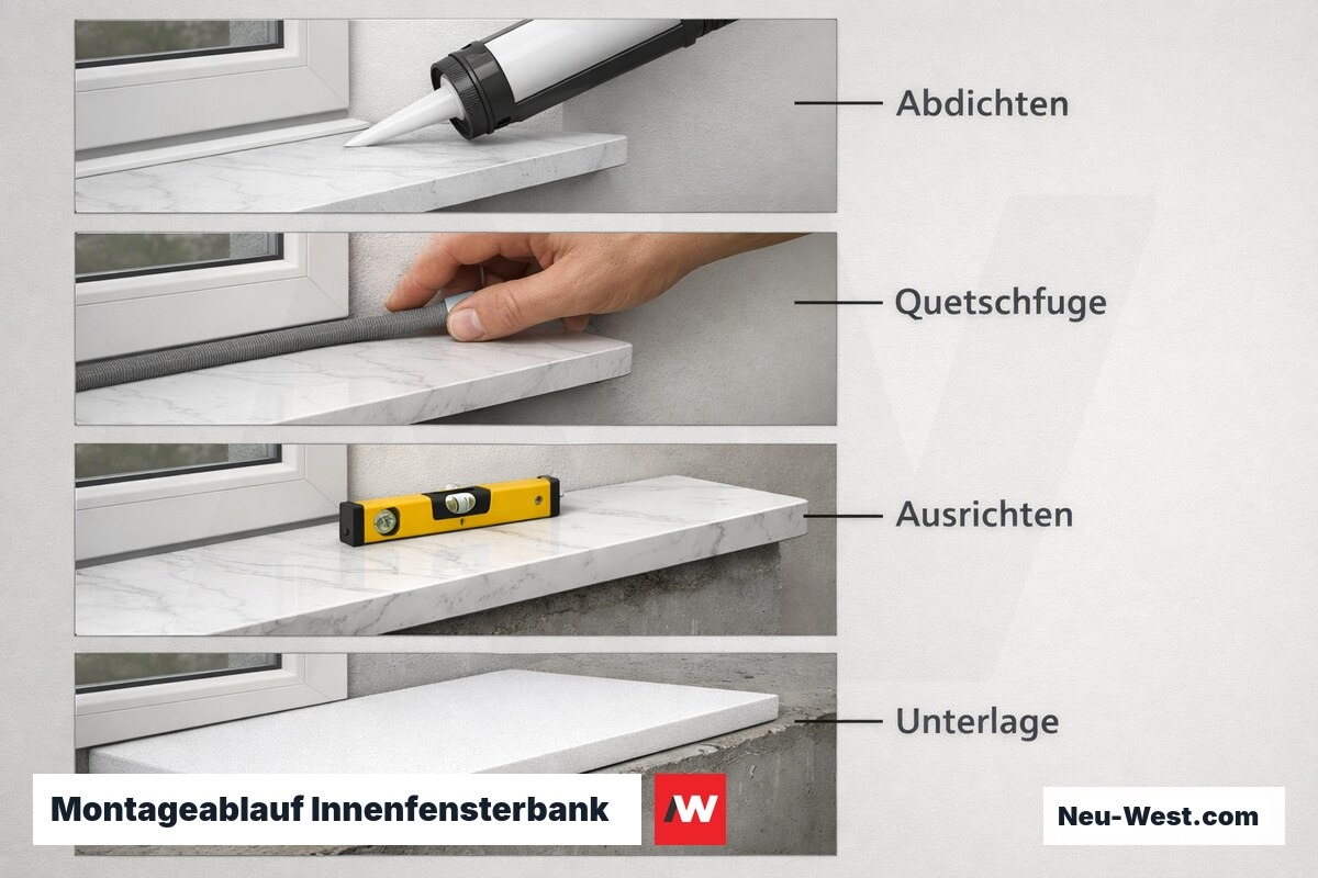 Montageablauf Innenfensterbank: 4 Schritte von der Unterlage bis zur Dichtfuge – Erklär-Grafik (NEUWEST Berlin)