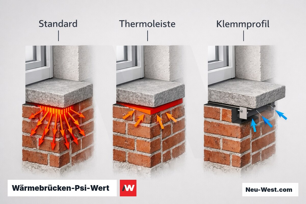 Wärmebrücken-Psi-Wert: 3 Einbausituationen der Außenfensterbank im Vergleich – Erklär-Grafik (NEUWEST Berlin)