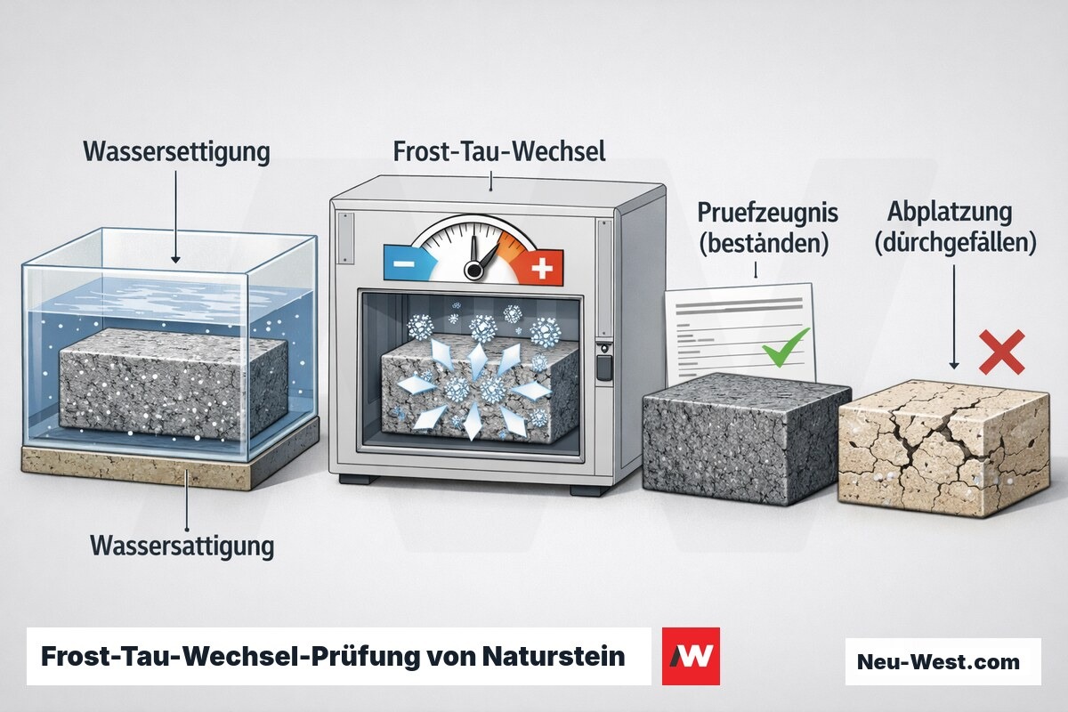 Erklär-Grafik zur Frost-Tau-Wechsel-Prüfung: wassergesättigter Naturstein im Frostwechsel, dichter Granit mit Prüfzeugnis besteht, poröser Travertin platzt ab.
