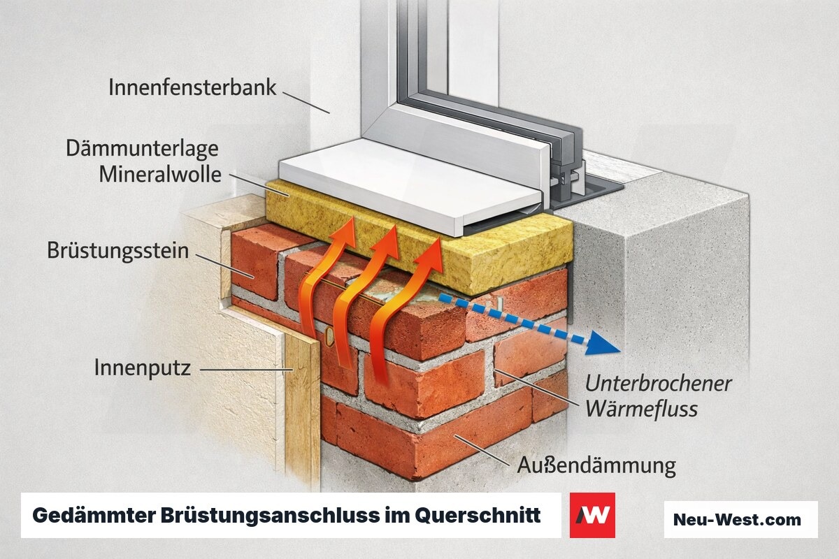 Querschnitt eines Passivhaus-Brüstungsanschlusses mit dämmender Mineralwolle-Unterlage unter der Innenfensterbank, die den Wärmefluss zum Brüstungsstein unterbricht.