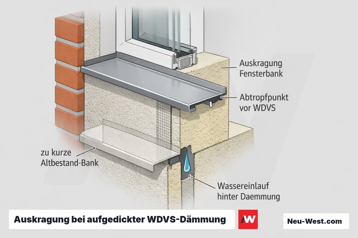 Querschnitt: Außenfensterbank kragt mit Abtropfpunkt vor der dicken WDVS-Dämmschicht aus; zu kurze Altbank führt Wasser hinter die Dämmebene.