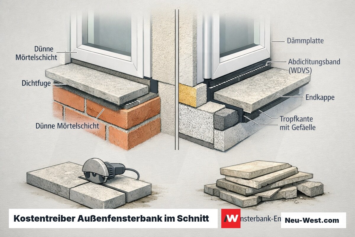 Querschnitt-Vergleich Innen- und Außenfensterbank mit WDVS-Abdichtung, Tropfkante, Sondermaßzuschnitt und Altbank-Entsorgung als Kostentreiber.
