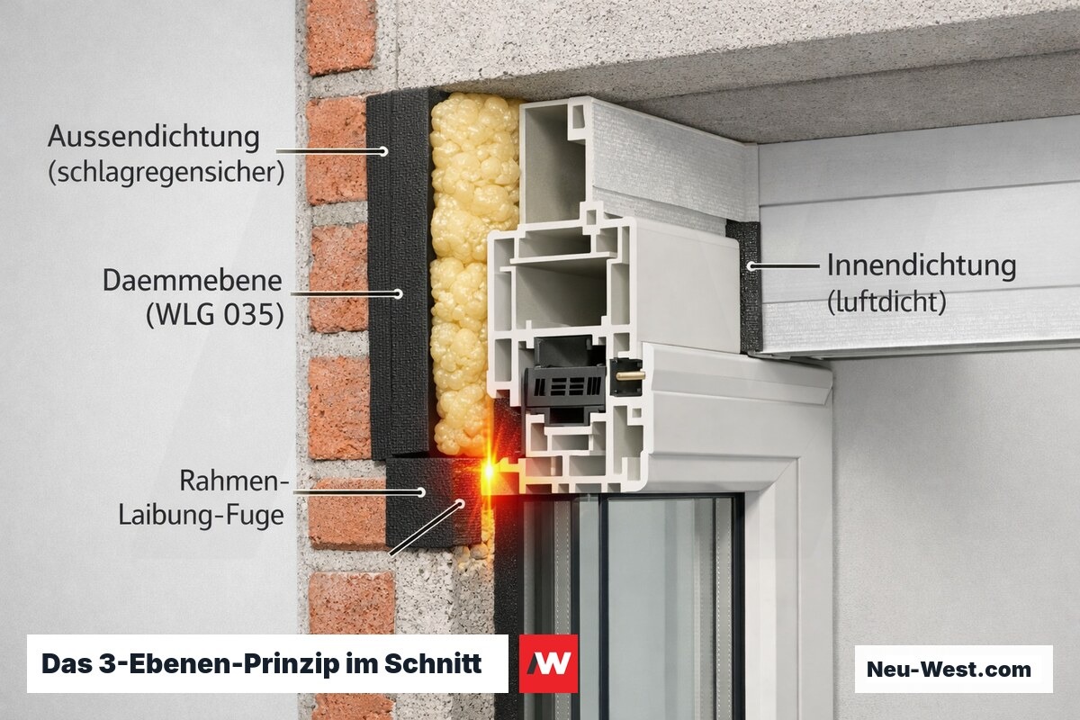 Querschnitt Fensteranschluss mit drei Funktionsebenen: außen Wetterschutz, mittig Dämmung, innen Luftdichtheit