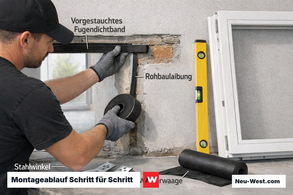 Handwerker klebt komprimiertes Fugendichtband in Fensterlaibung vor dem Einsetzen des Rahmens