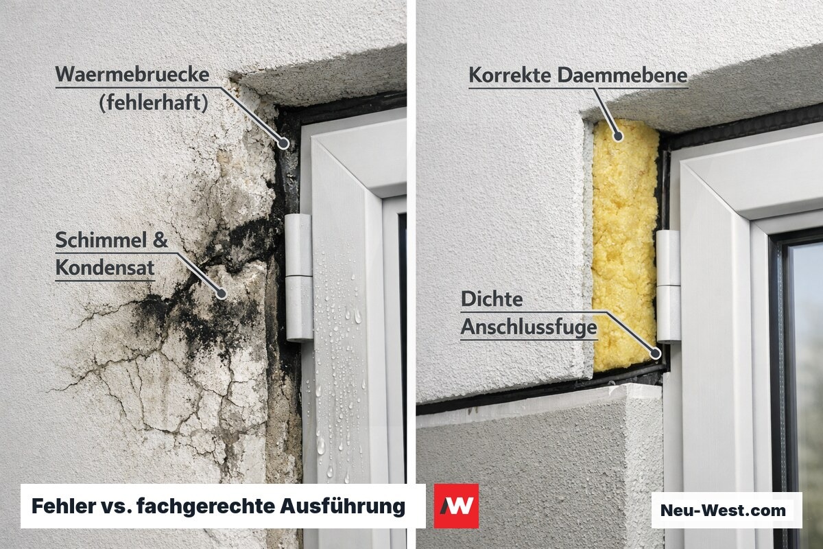 Vergleich fehlerhafte Fensteranschlussfuge mit Schimmelschaden links und korrekte RAL-konforme Ausführung rechts
