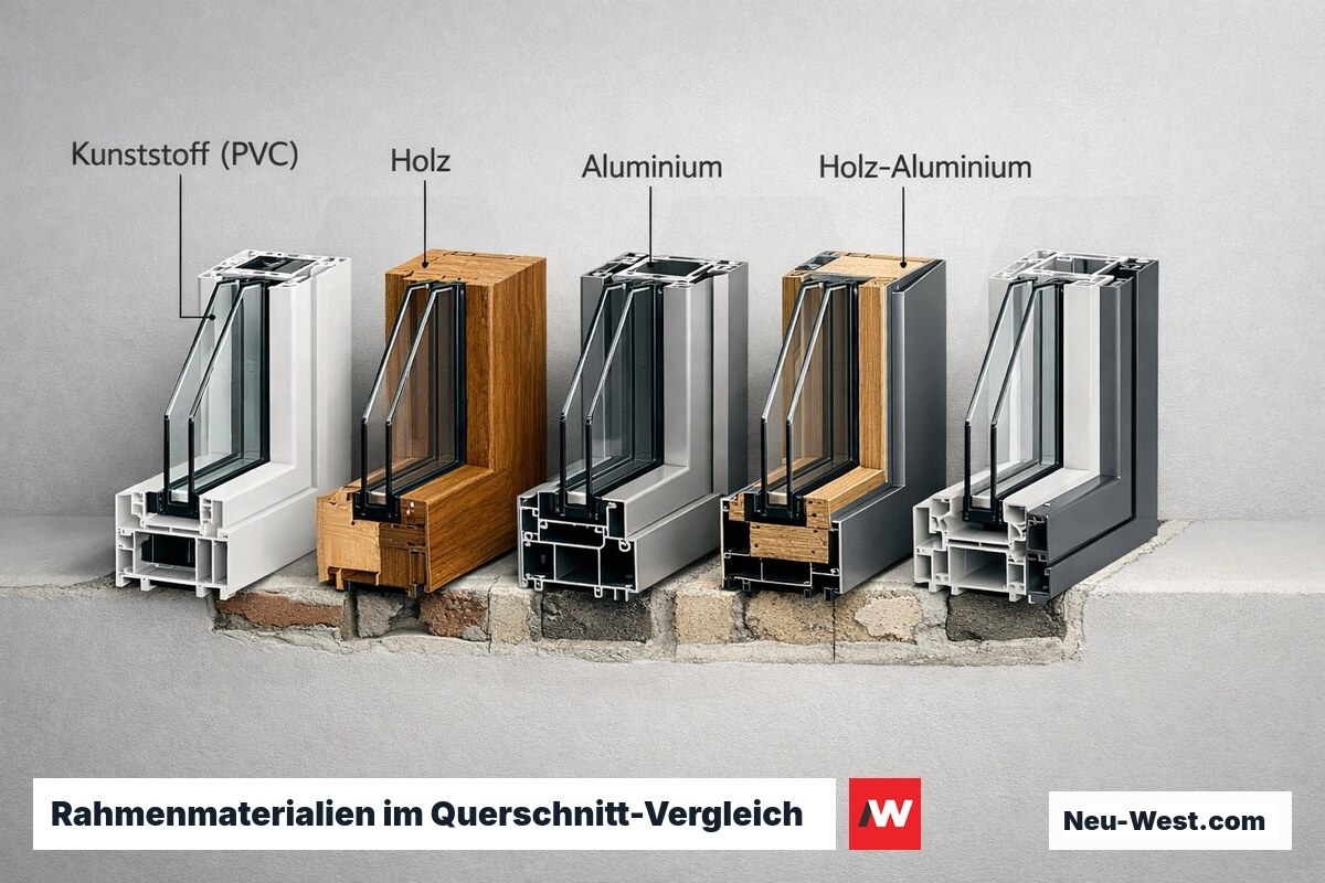 Querschnitt von fünf Fensterrahmenprofilen aus PVC, Holz, Aluminium, Holz-Alu und Kunststoff-Alu nebeneinander im Vergleich