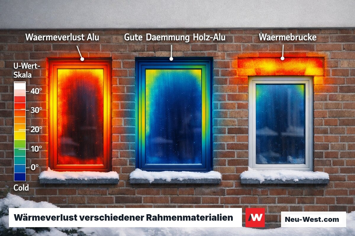 Wärmebilddarstellung zeigt Wärmeverlust durch Aluminium-Fensterrahmen im Vergleich zu gedämmtem Kunststoffrahmen in einer Außenwand