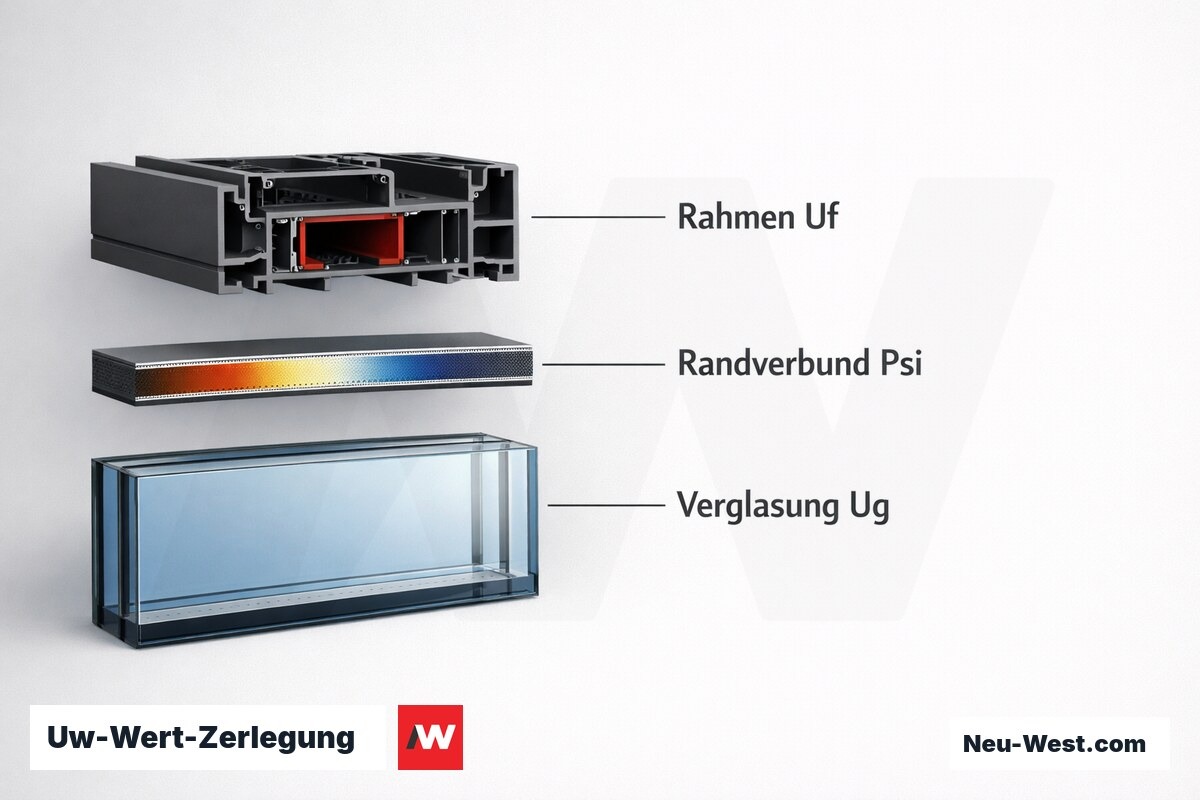 Uw-Wert-Zerlegung: Rahmen, Randverbund und Verglasung – Erklär-Grafik (NEUWEST Berlin)