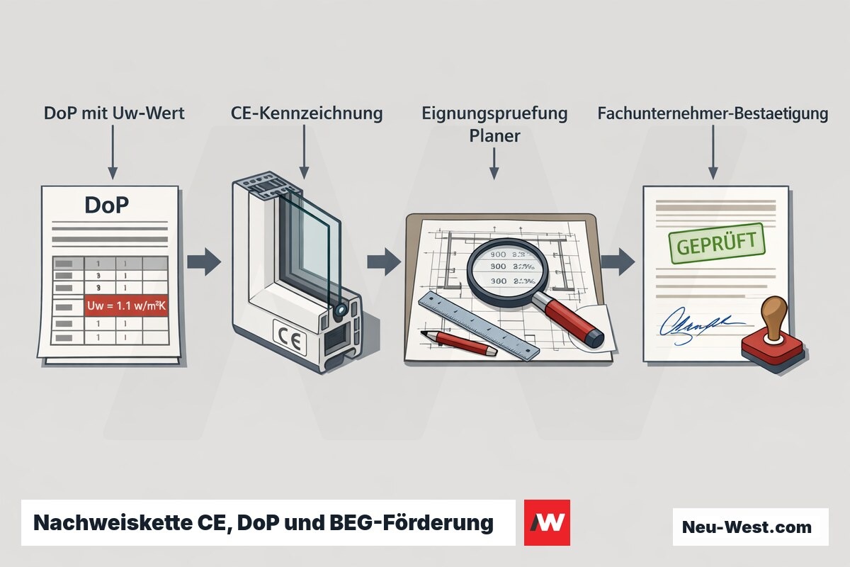 Prozessgrafik der Nachweiskette: DoP mit Uw-Wert, CE-Kennzeichnung, Eignungsprüfung durch Planer und Fachunternehmer-Bestätigung für die BEG-EM-Förderung.
