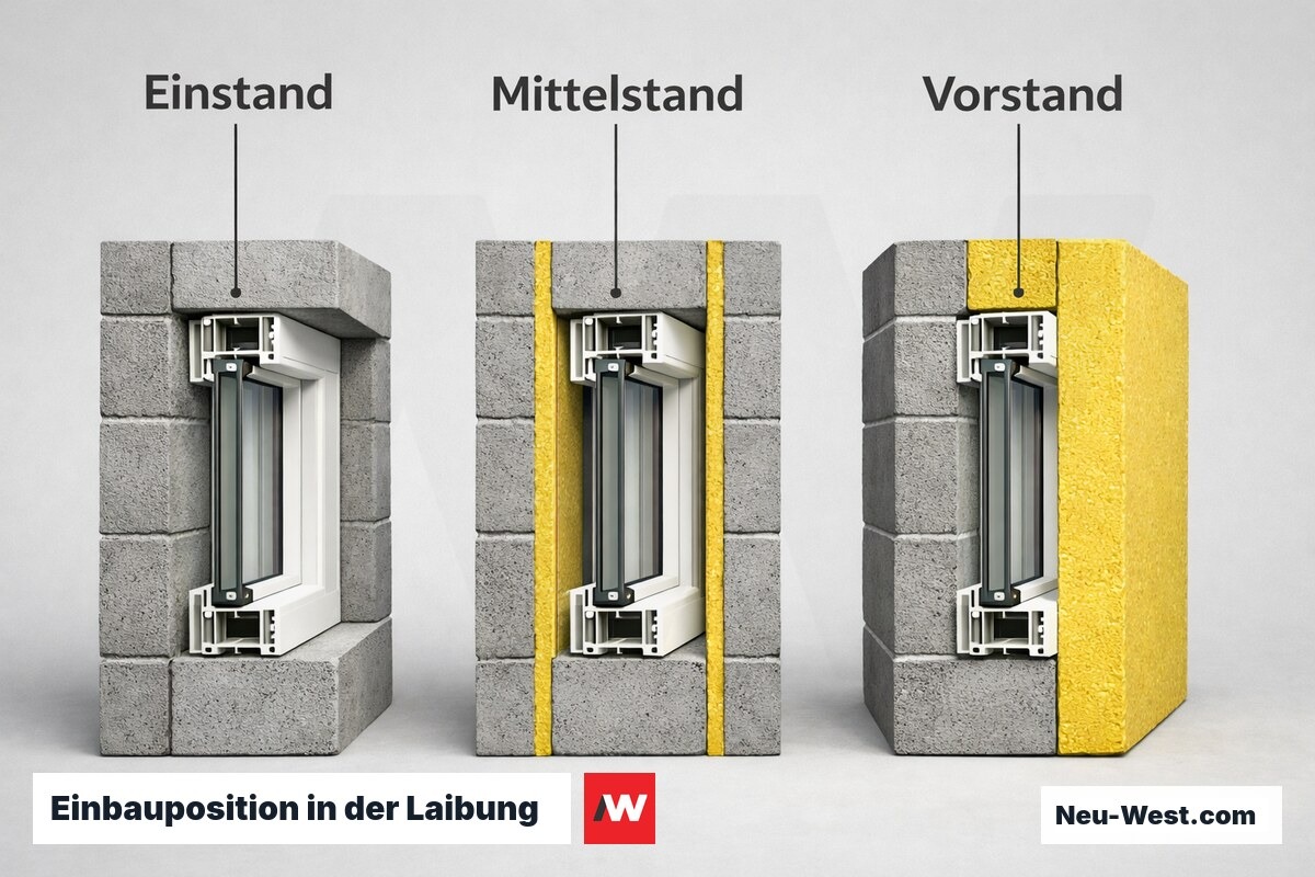 Einbauposition in der Laibung: Einstand, Mittelstand, Vorstand – Erklär-Grafik (NEUWEST Berlin)
