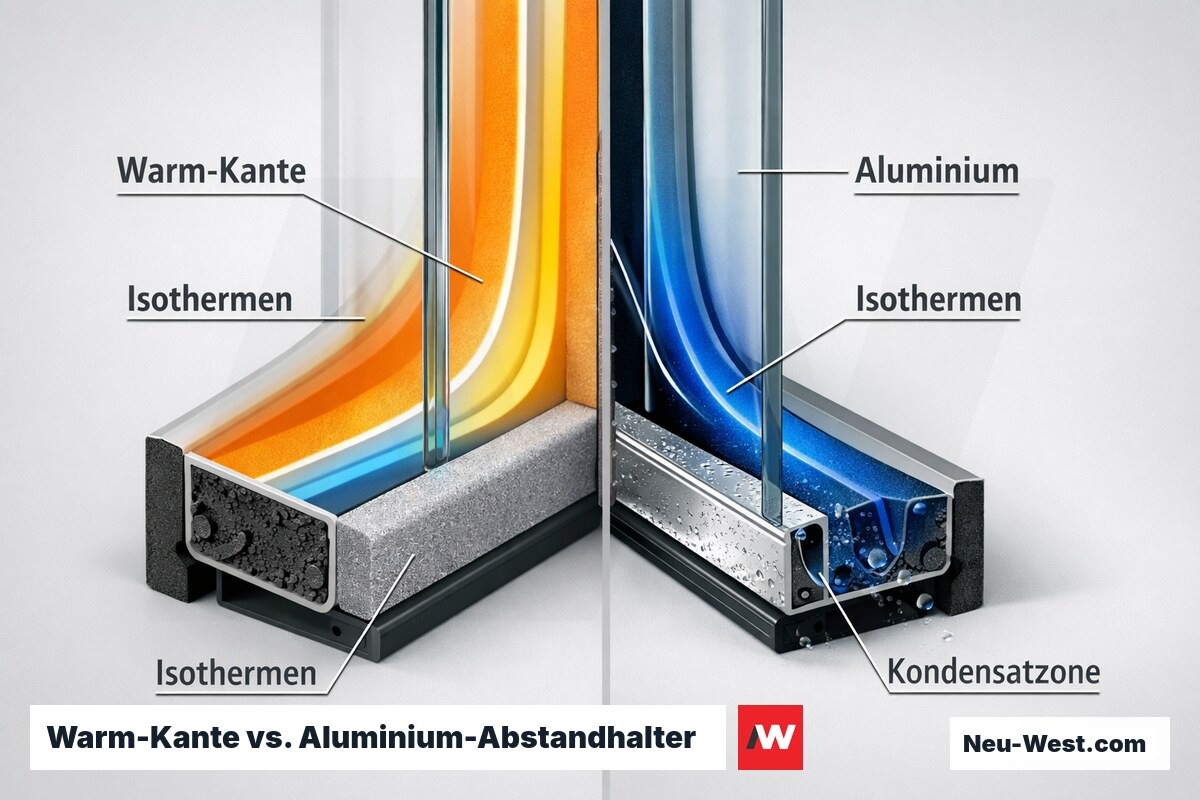 Warm-Kante vs. Aluminium-Abstandhalter: Isothermen im Vergleich – Erklär-Grafik (NEUWEST Berlin)