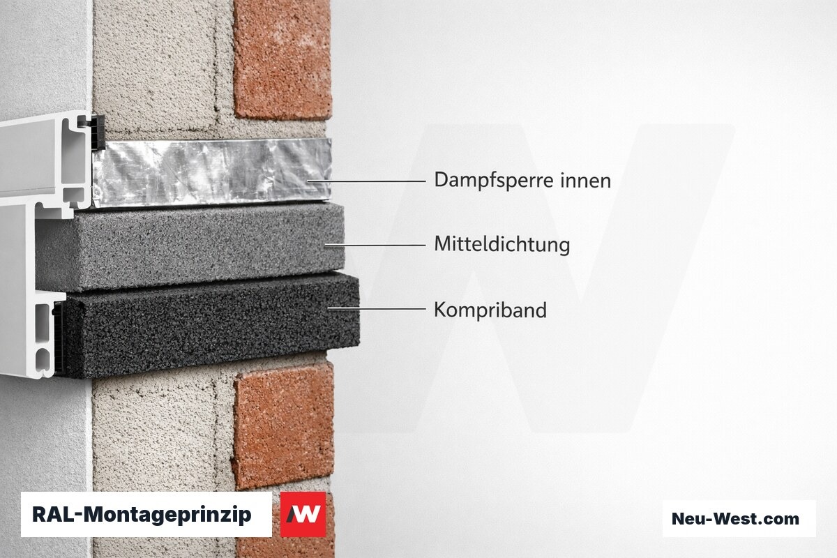 RAL-Montageprinzip: 3-Ebenen-Abdichtung am Fensteranschluss – Erklär-Grafik (NEUWEST Berlin)