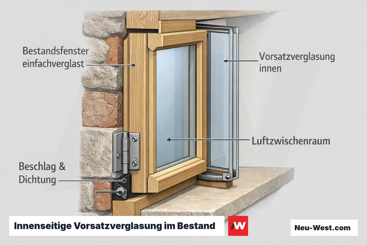 Querschnitt eines historischen Einfachfensters mit innen montierter Vorsatzverglasung, Luftzwischenraum sowie erneuerbaren Beschlägen und Dichtungen.
