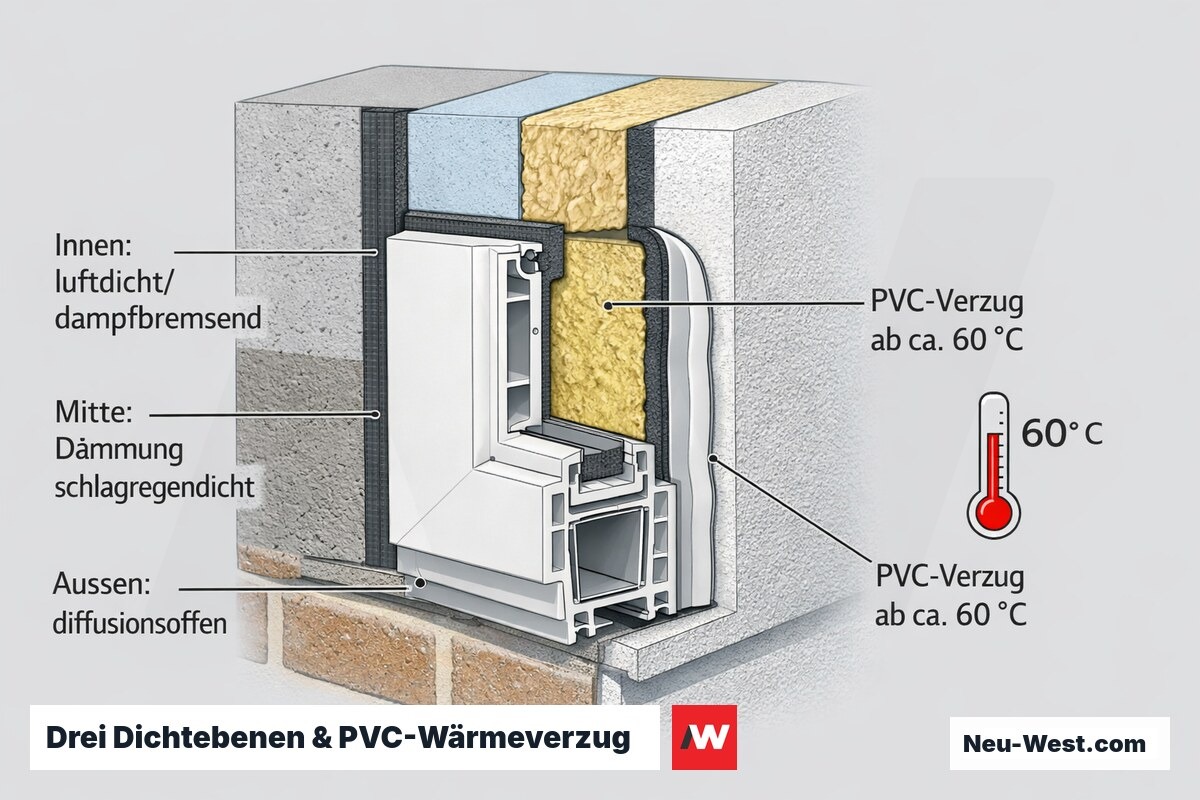 Querschnitt der Anschlussfuge mit drei RAL-Dichtebenen innen, Mitte, außen und PVC-Rahmen mit Wärmeverzug an der Südfassade.