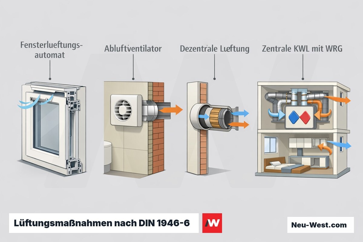Erklär-Grafik: vier gestufte Lüftungsmaßnahmen bei dichten Fenstern – von Fensterlüftungsautomat über Abluftventilator bis zentraler KWL mit Wärmerückgewinnung.