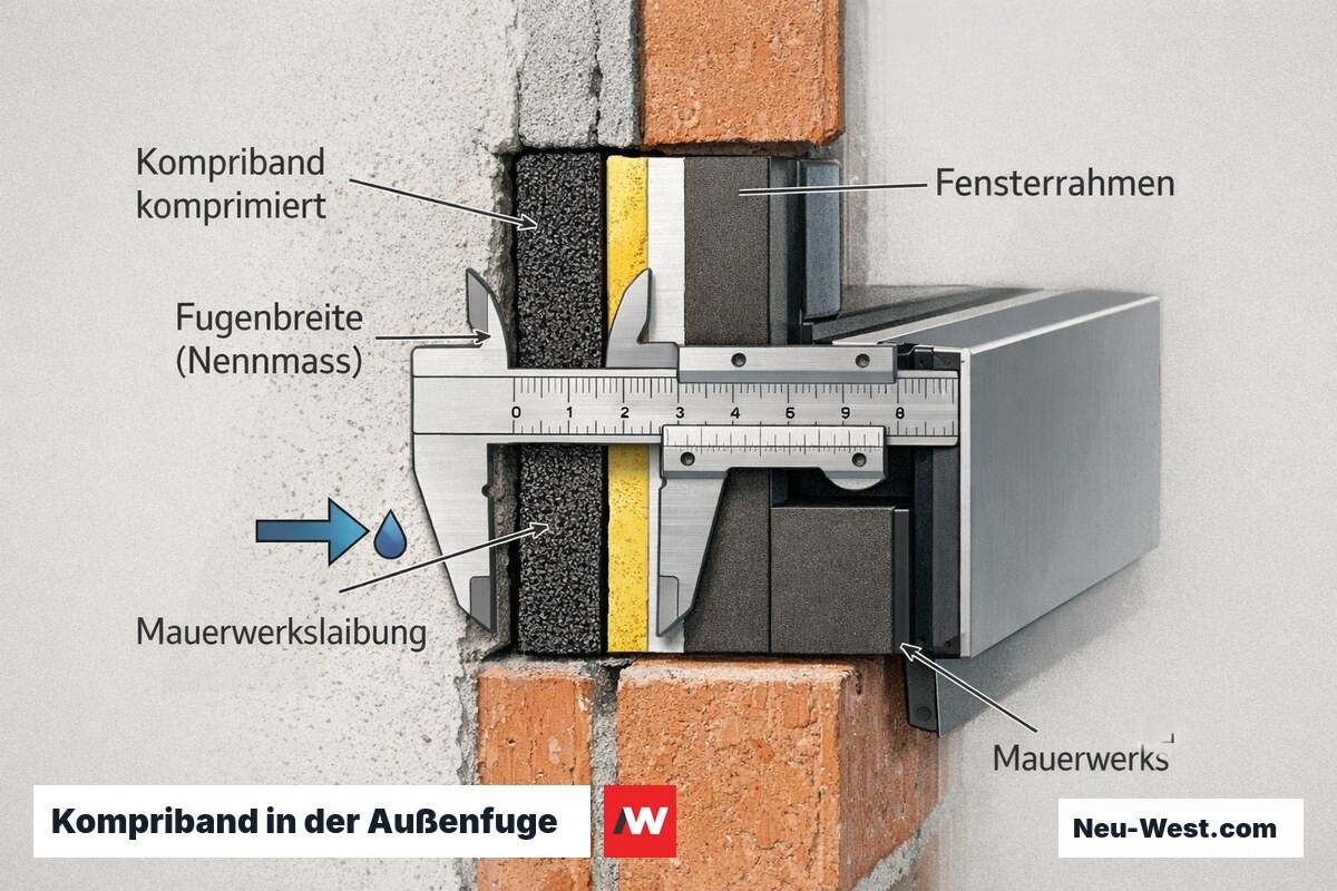 Bauteil-Querschnitt der Außenfuge: auf ca. ein Drittel komprimiertes Kompriband zwischen Fensterrahmen und Mauerwerkslaibung mit Fugenbreiten-Maß.
