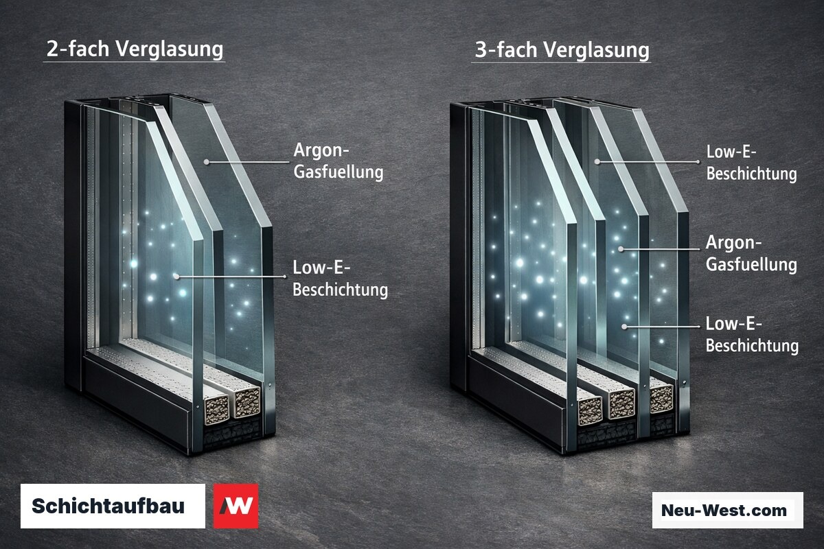 Querschnitt-Vergleich von 2-fach und 3-fach Isolierverglasung mit Schichtaufbau, Argon-Füllung und Low-E-Beschichtung