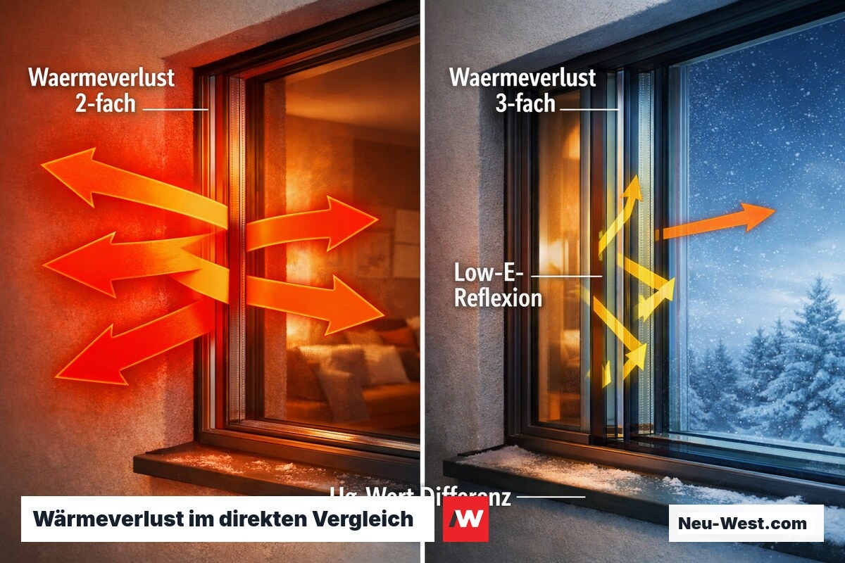 Vergleich des Wärmeverlusts durch 2-fach und 3-fach Verglasung im Winter mit Wärmestrompfeilen