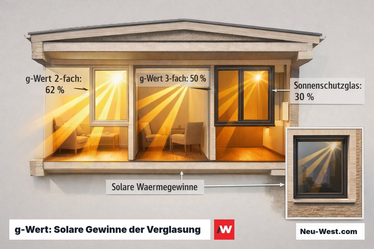 Solare Wärmegewinne durch 2-fach und 3-fach Verglasung bei südorientiertem Fenster im Vergleich