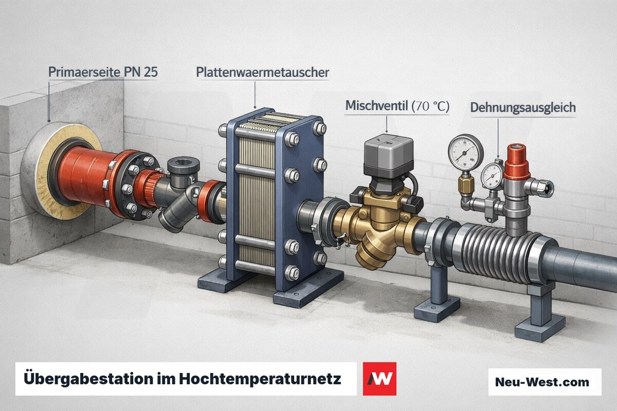Cutaway einer Fernwärme-Übergabestation im HT-Netz mit PN-25-Primärseite, Plattenwärmetauscher, Mischventil und Dehnungsausgleich.