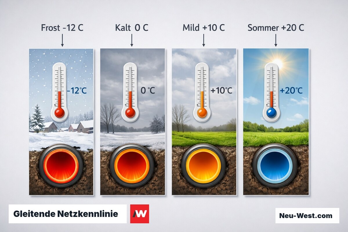 Gleitende Netzkennlinie: Vorlauftemperatur nach Aussentemperatur – Erklär-Grafik (NEUWEST Berlin)