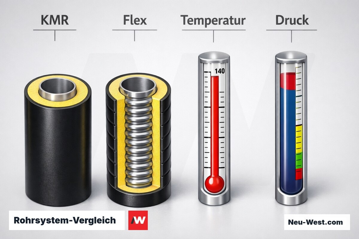 Rohrsystem-Vergleich: KMR-Starrohr vs. KMF-Wellrohr – Erklär-Grafik (NEUWEST Berlin)