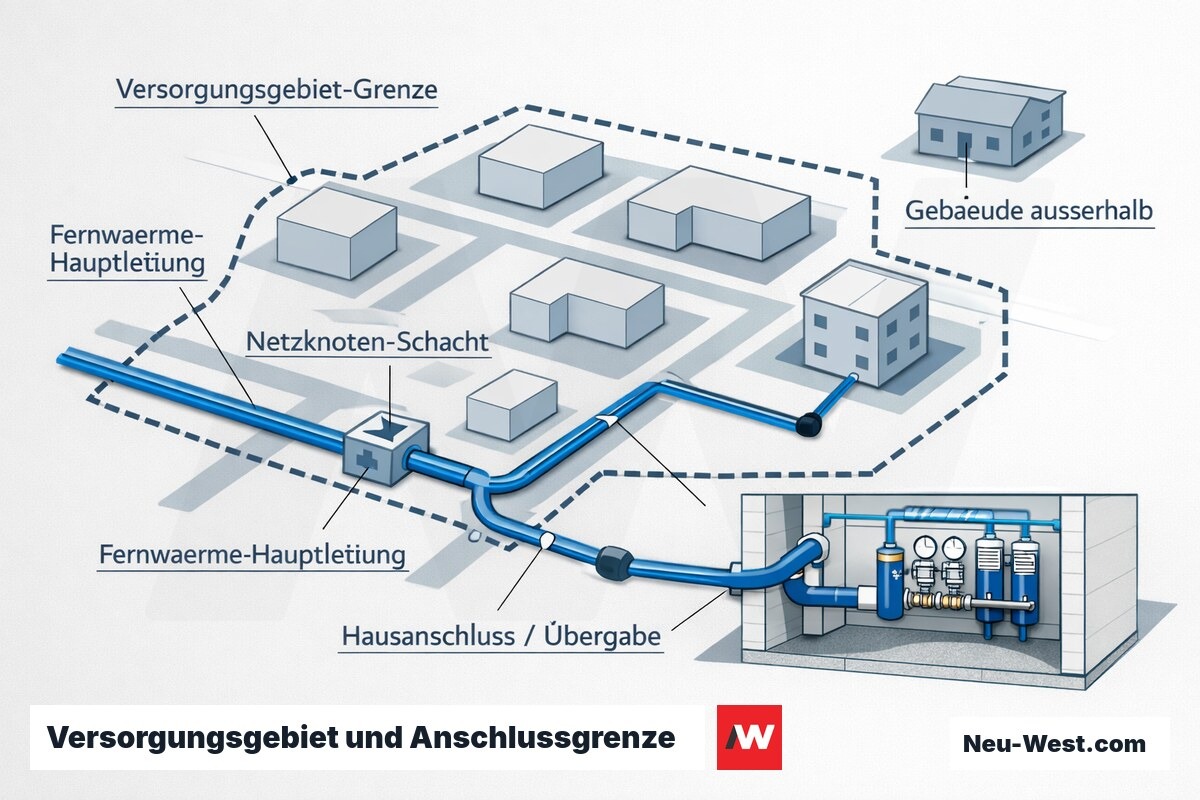 Schematische Karte eines Fernwärme-Versorgungsgebiets mit Gebietsgrenze, Hauptleitung, Hausanschluss und einem Gebäude außerhalb des Anschlussbereichs.
