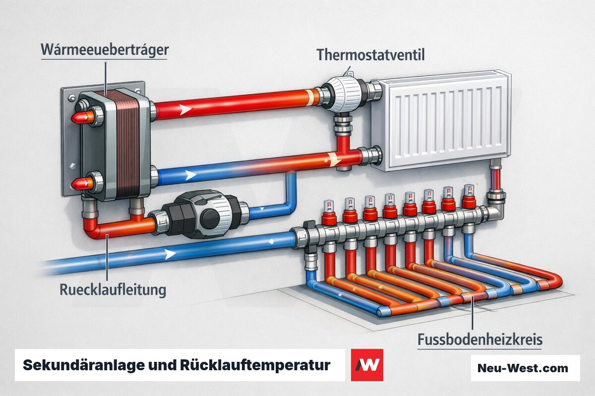 Querschnitt der Sekundäranlage: Wärmeübertrager, überdimensioniertes Thermostatventil und Fußbodenheizkreis schicken zu warmes Wasser in die Rücklaufleitung.