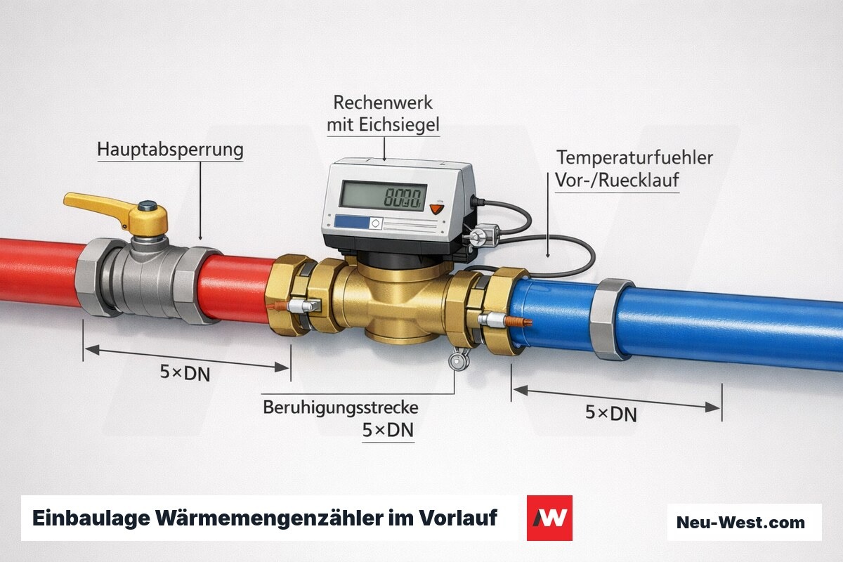 Cutaway eines Wärmemengenzählers im Vorlauf mit Hauptabsperrung, Beruhigungsstrecken 5×DN, Temperaturfühlern und geeichtem Rechenwerk.