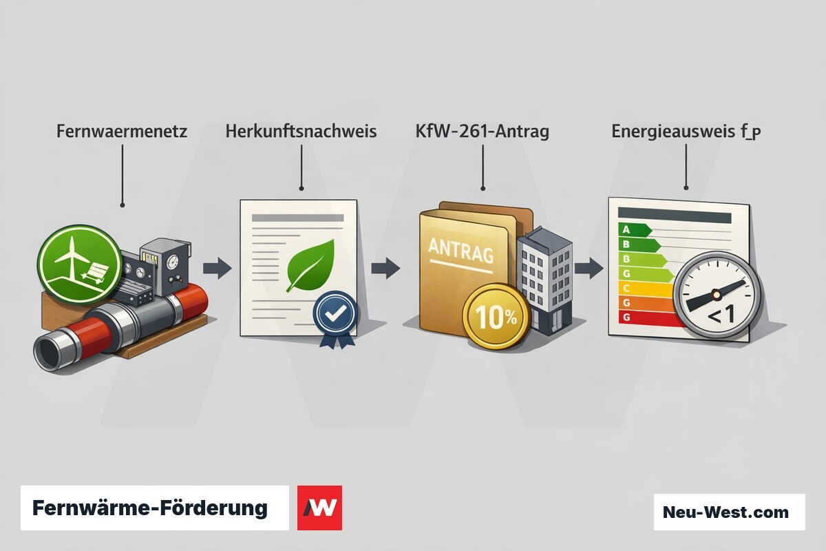 Prozessgrafik: Fernwärmenetz, Herkunftsnachweis, KfW-261-Antrag und Energieausweis mit Primärenergiefaktor als Nachweiskette für Förderung und GEG.