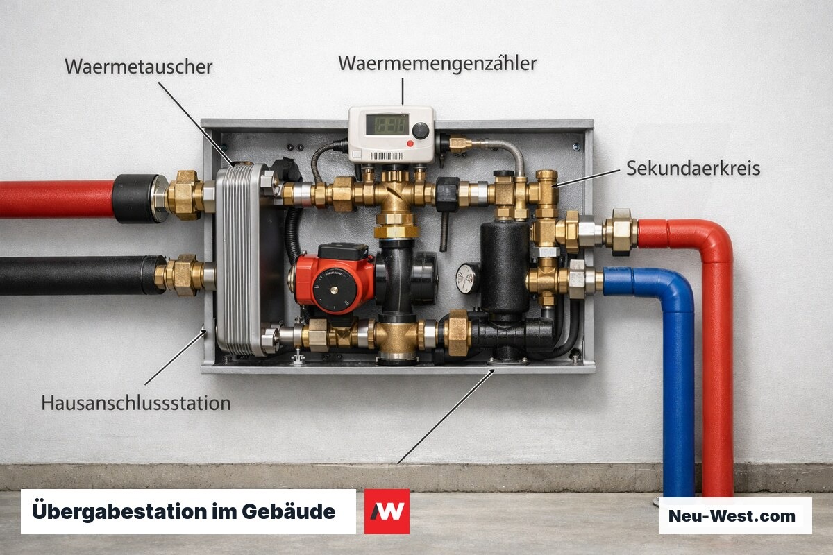 Technischer Schnitt einer Fernwärme-Übergabestation im Keller: Wärmetauscher, Pumpen, Regelventil und Zähler, ca. 140 Zeichen