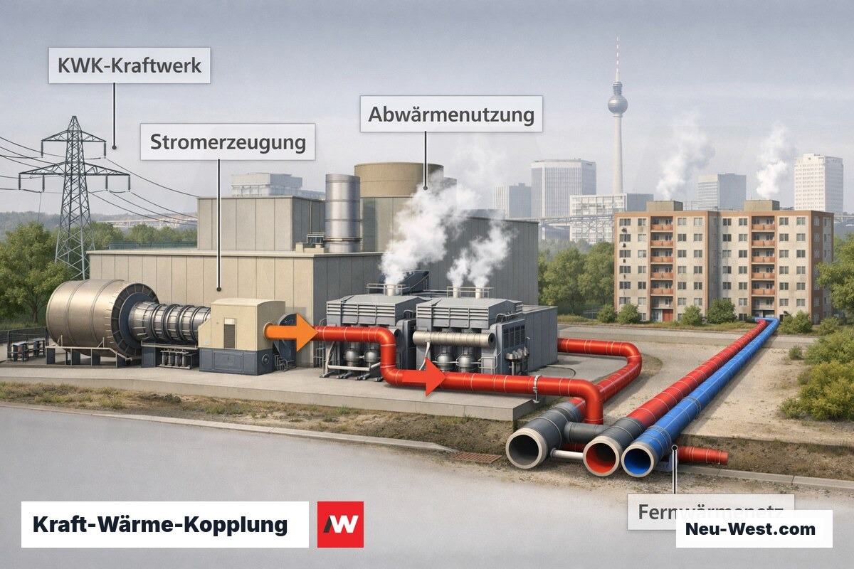 KWK-Kraftwerk in Berlin: Gasturbine erzeugt Strom, Abwärme wird als Fernwärme ins Netz eingespeist, Energiefluss sichtbar