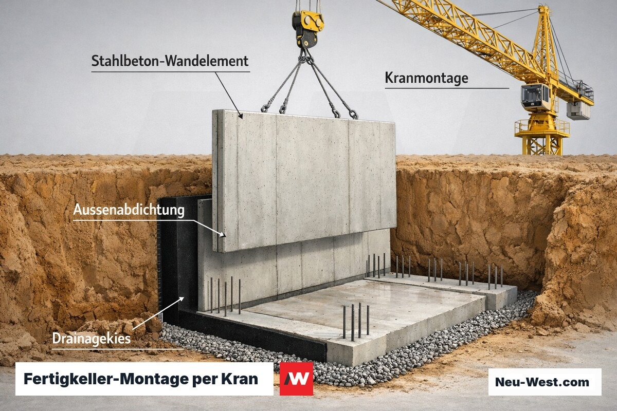 Querschnitt eines Fertigkellers bei der Kranmontage mit Stahlbeton-Wandelementen, Außenabdichtung und Drainagekiesschicht im Erdreich