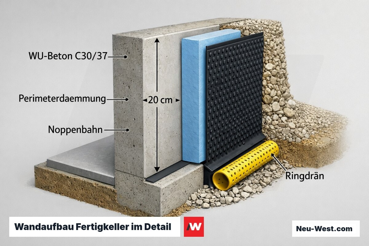 Technischer Querschnitt einer Fertigkeller-Wand mit WU-Beton, Perimeterdämmung, Noppenbahn und Ringdrän am Fundamentfuß