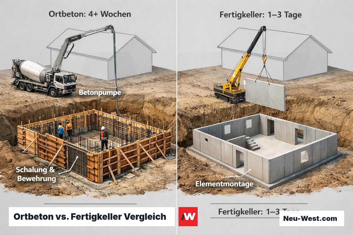 Vergleich Ortbetonkeller mit Schalung und Bewehrung links gegen schnell montierten Fertigkeller rechts, Bauzeitvergleich sichtbar