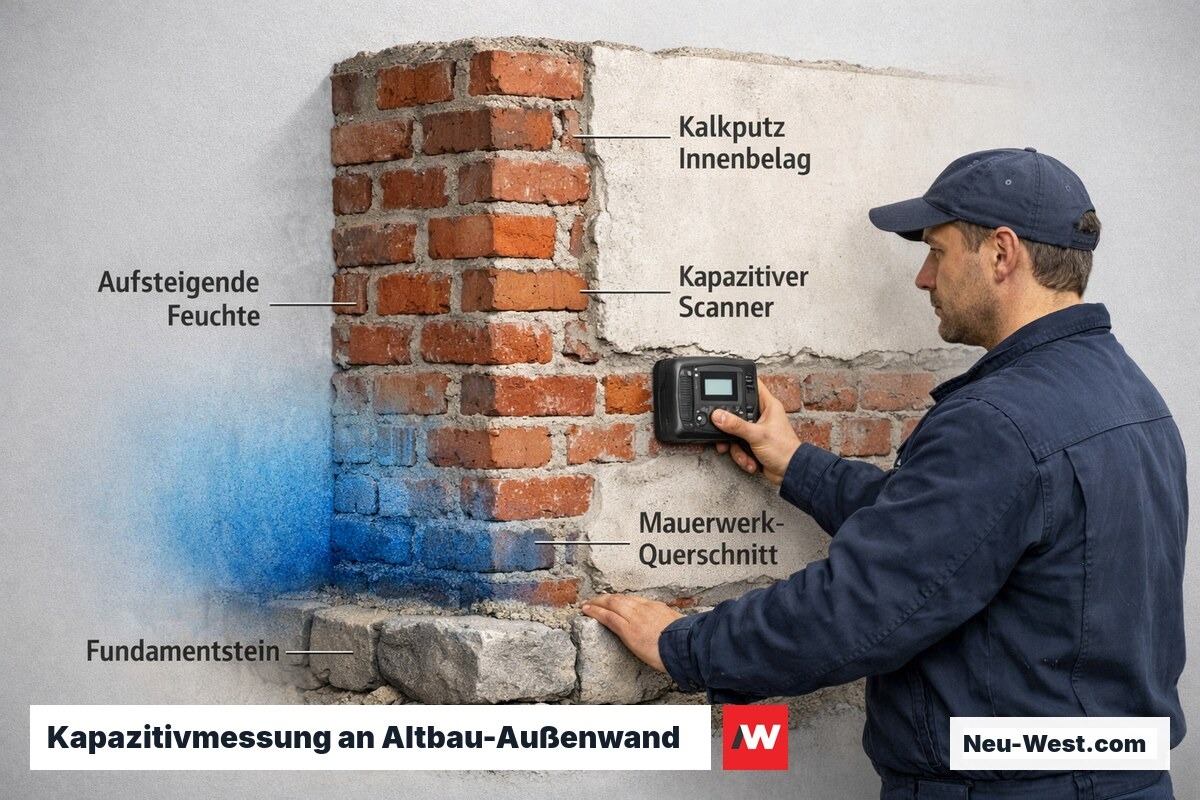 Techniker misst aufsteigende Feuchte an historischer Ziegelwand mit kapazitivem Handscanner, Wandquerschnitt sichtbar