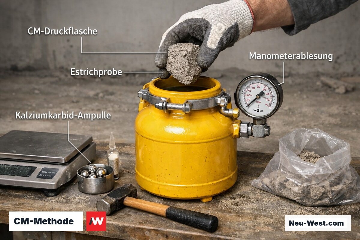 Techniker führt CM-Messung durch: Estrichprobe in gelbe Druckflasche mit Manometer und Kalziumkarbid