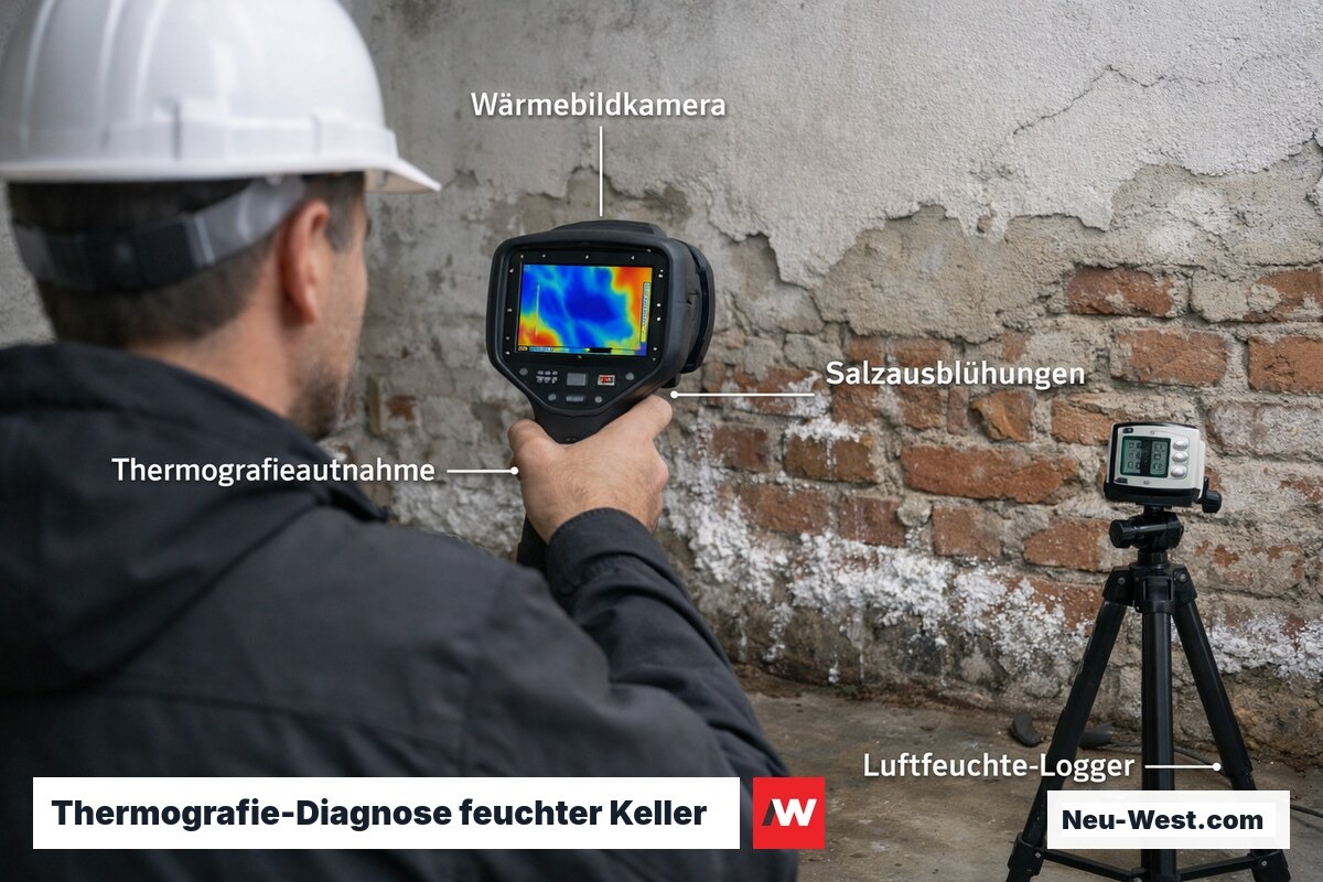 Bausachverständiger untersucht Kellerwand mit Wärmebildkamera, Salzausblühungen und Thermografiebild sichtbar