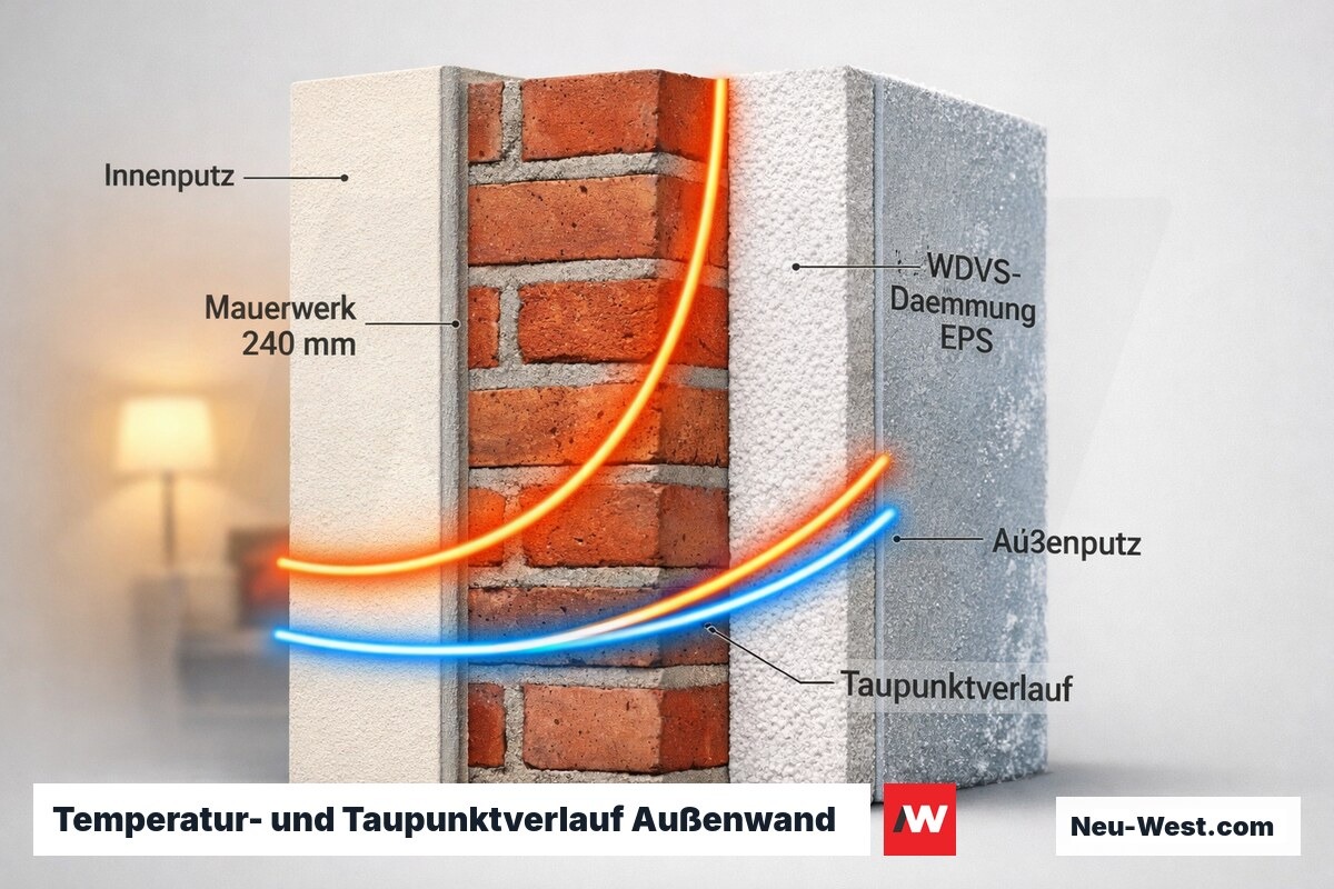 Wandquerschnitt mit Temperatur- und Taupunktverlauf durch fünf Schichten: kein Tauwasser dank WDVS-Dämmung.