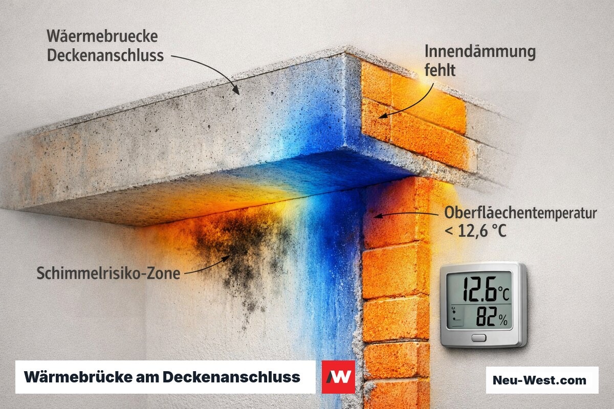 Wärmebrücke an Betondecke und Außenwand mit Schimmelbildung durch zu niedrige Oberflächentemperatur.