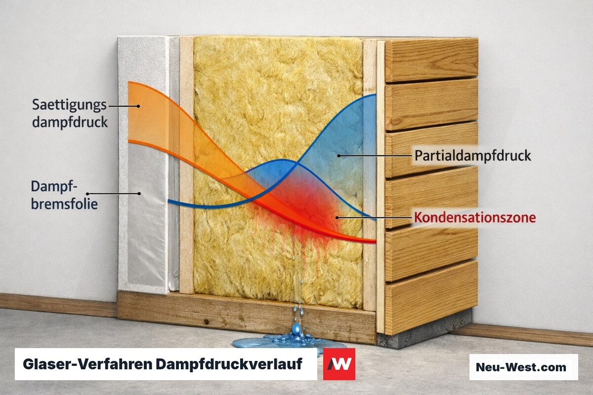 Glaser-Verfahren-Diagramm zeigt Kondensationszone im Wandaufbau durch Überschneidung von Dampfdruckkurven.