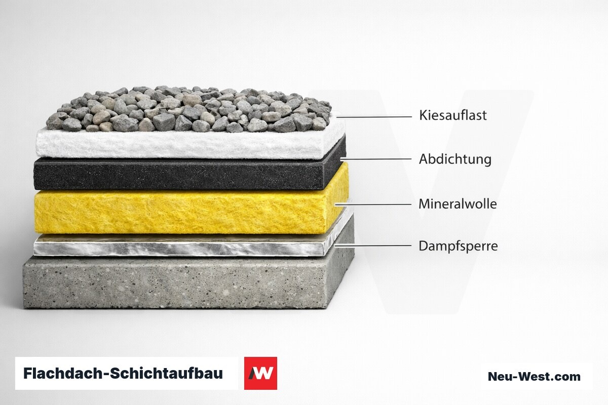 Flachdach-Schichtaufbau und Beanspruchungsklassen nach DIN 18531 – Erklär-Grafik (NEUWEST Berlin)