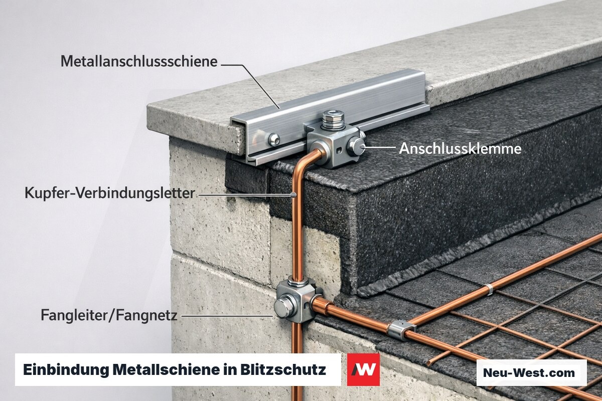 Cutaway-Detail: metallische Abdichtungsschiene am Dachrand wird per Kupferleiter und Klemme in das Fangnetz des Blitzschutzes eingebunden.