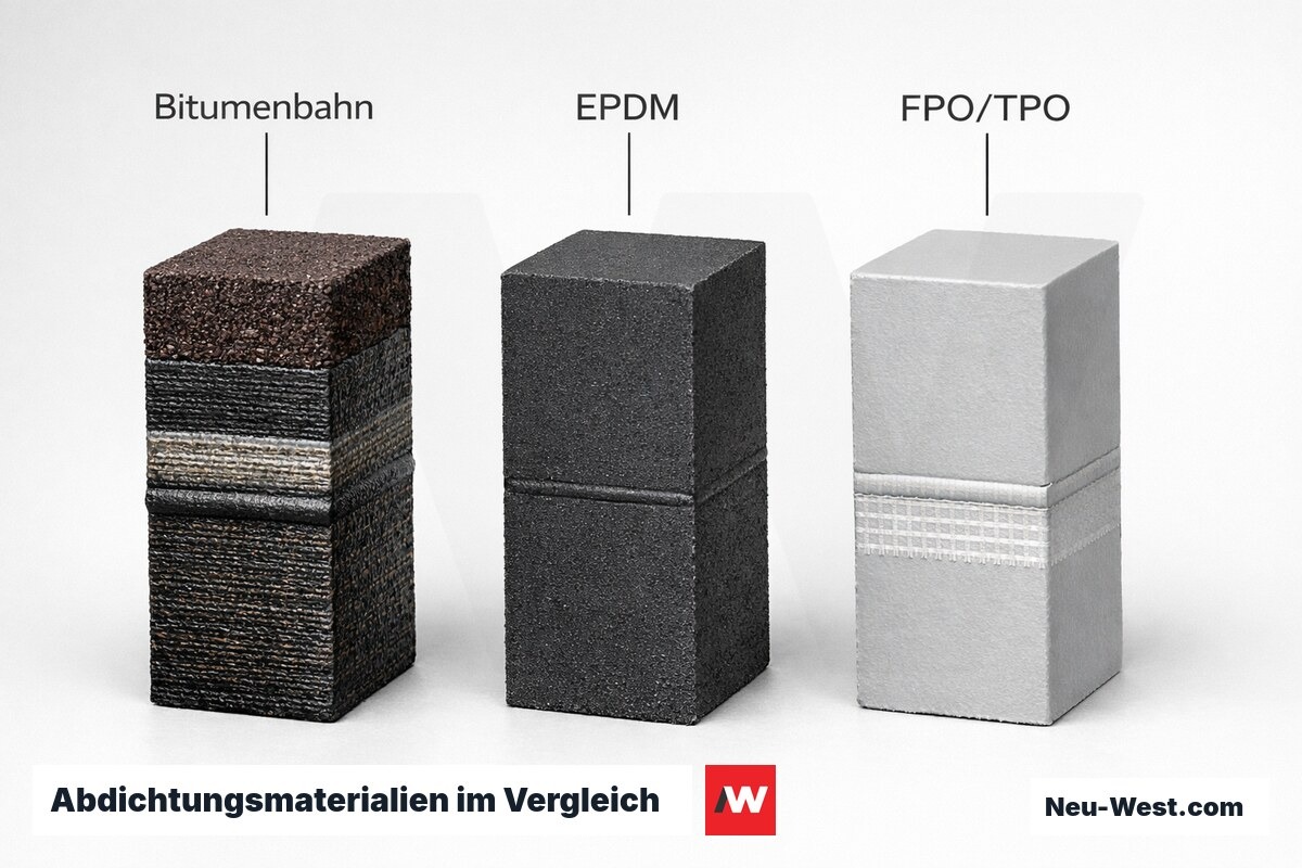 Abdichtungsmaterialien im Vergleich: Bitumenbahn, EPDM, FPO/TPO – Erklär-Grafik (NEUWEST Berlin)