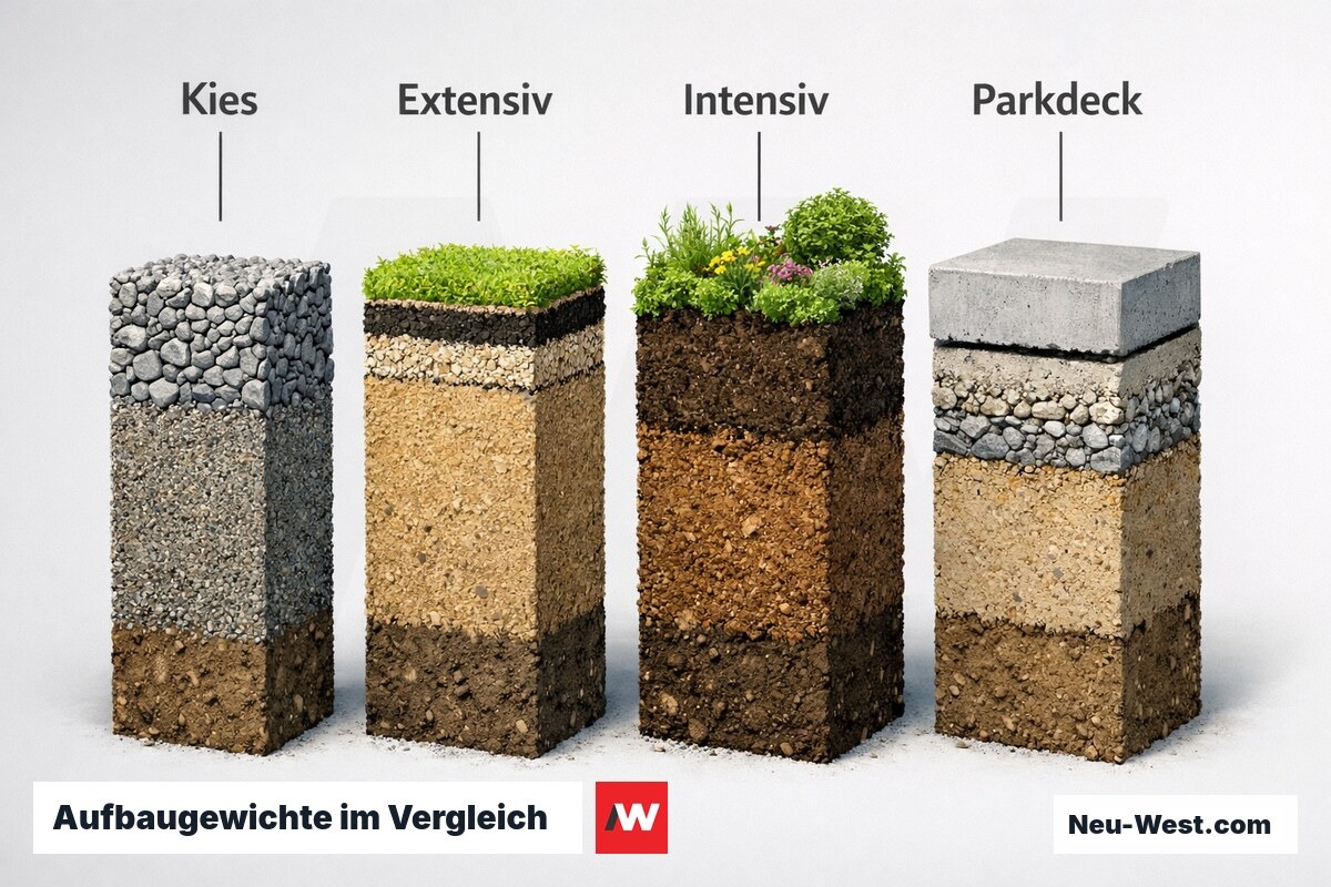 Aufbaugewichte im Vergleich: Kies, Extensivbegrünung, Intensivbegrünung, Parkdeck – Erklär-Grafik (NEUWEST Berlin)