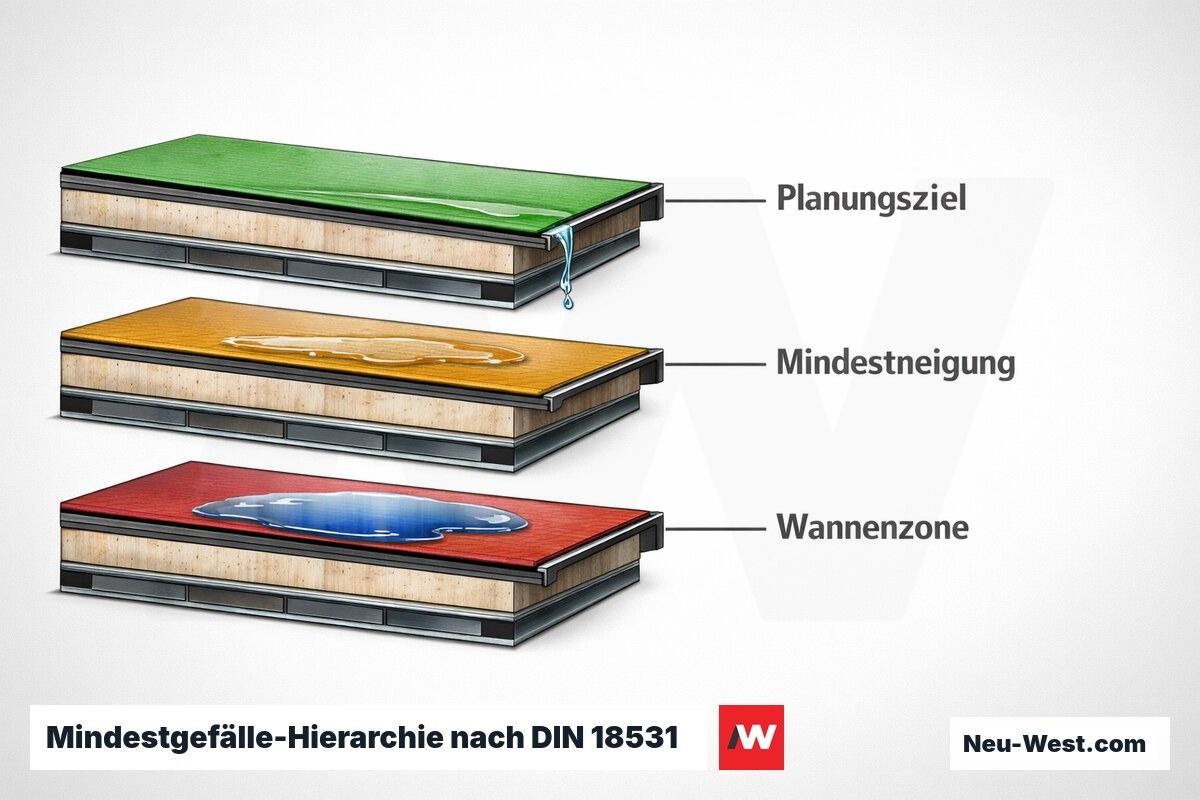 Mindestgefälle-Hierarchie nach DIN 18531 und DIN 18202: 2 % Ziel, 1,5 % Limit, Wannenbildung – Erklär-Grafik (NEUWEST Berlin)