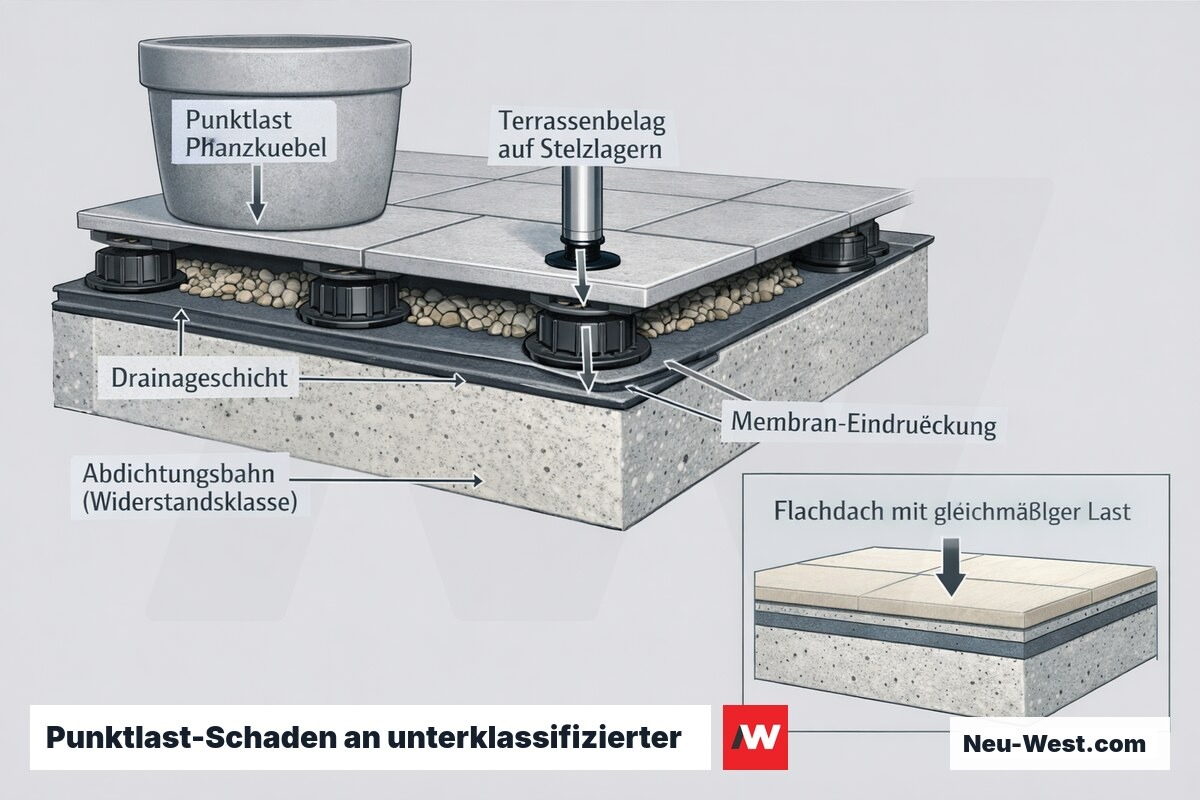 Querschnitt einer Terrasse: Pflanzkübel und Möbelfuß erzeugen Punktlasten, die die zu schwach klassifizierte Abdichtungsbahn über der Betondecke eindrücken.