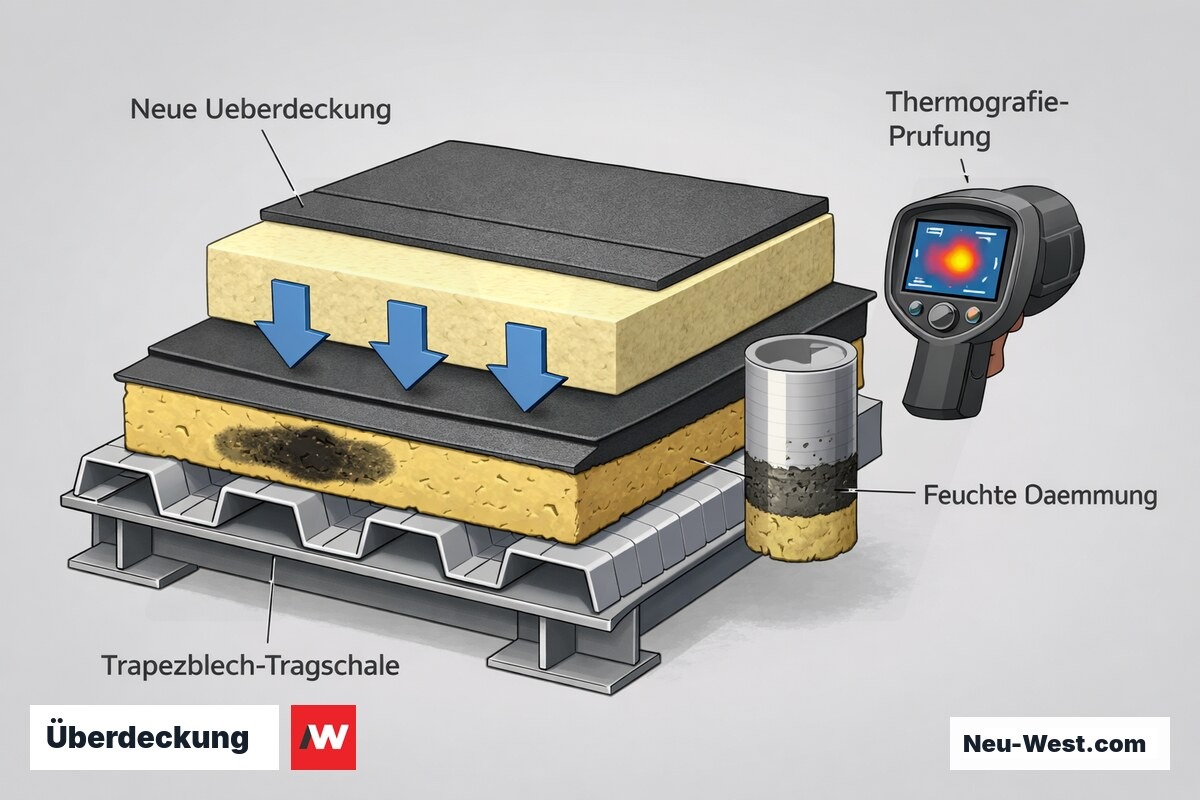 Querschnitt eines Flachdachs mit Überdeckung: Trapezblech-Tragschale, feuchte Bestandsdämmung, neue Dämmlage und Thermografie-Prüfung zur Feuchtemessung.