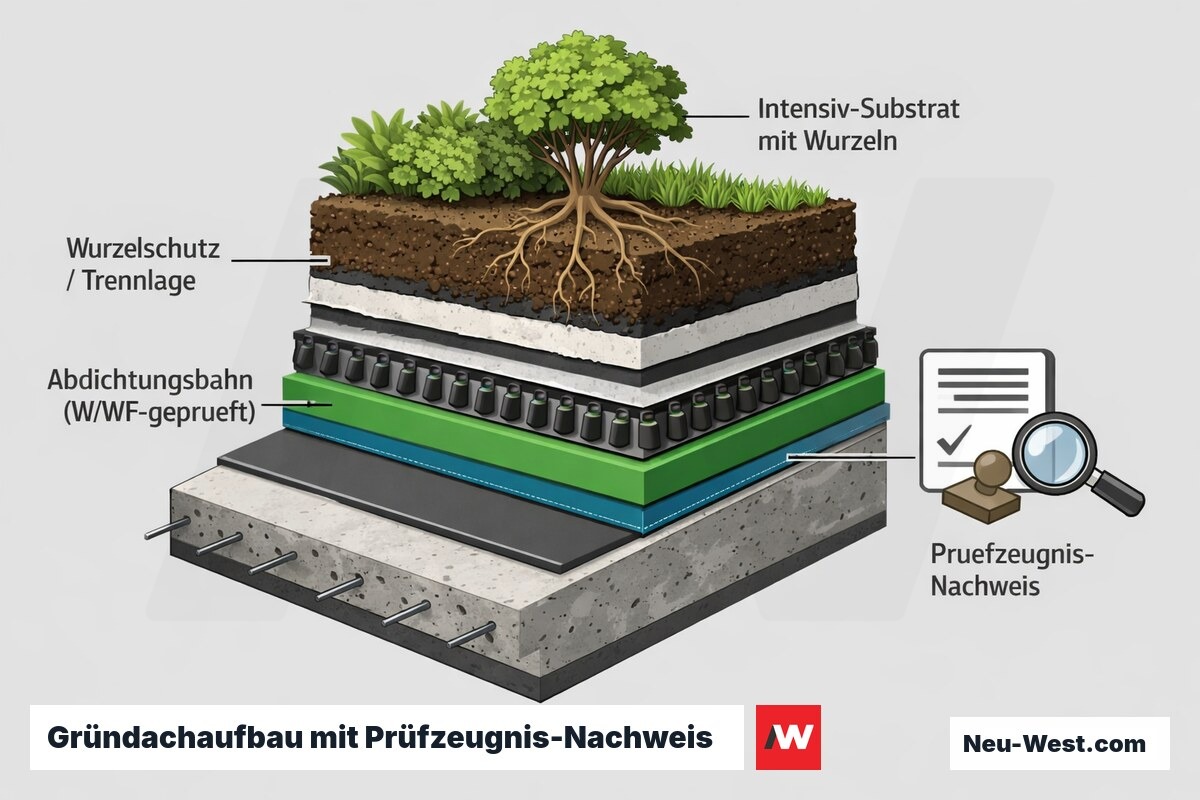 Querschnitt eines Intensiv-Gründachs mit hervorgehobener Abdichtungsbahn und gefordertem Durchwurzelungs-Prüfzeugnis