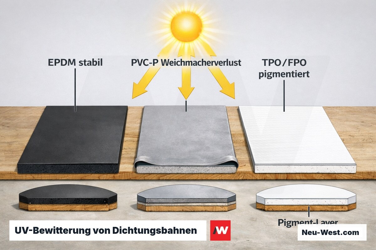 Erklaer-Grafik: drei Dachdichtungsbahnen EPDM, PVC-P und TPO/FPO unter UV-Strahlung ohne Abdeckung im Vergleich, mit sichtbaren Alterungsunterschieden.